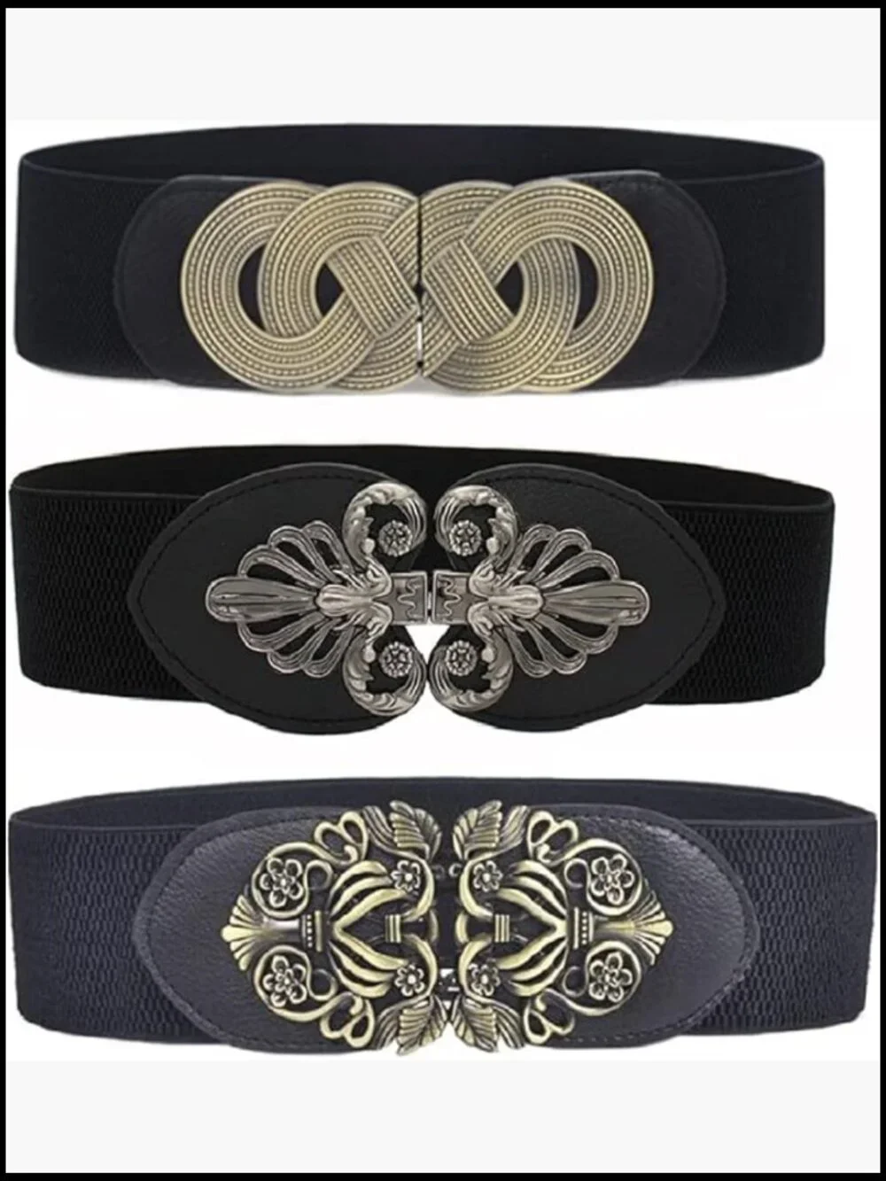 3 Pack Vintage Wide Elastic Stretch Waist Belt Set - Metal Buckle